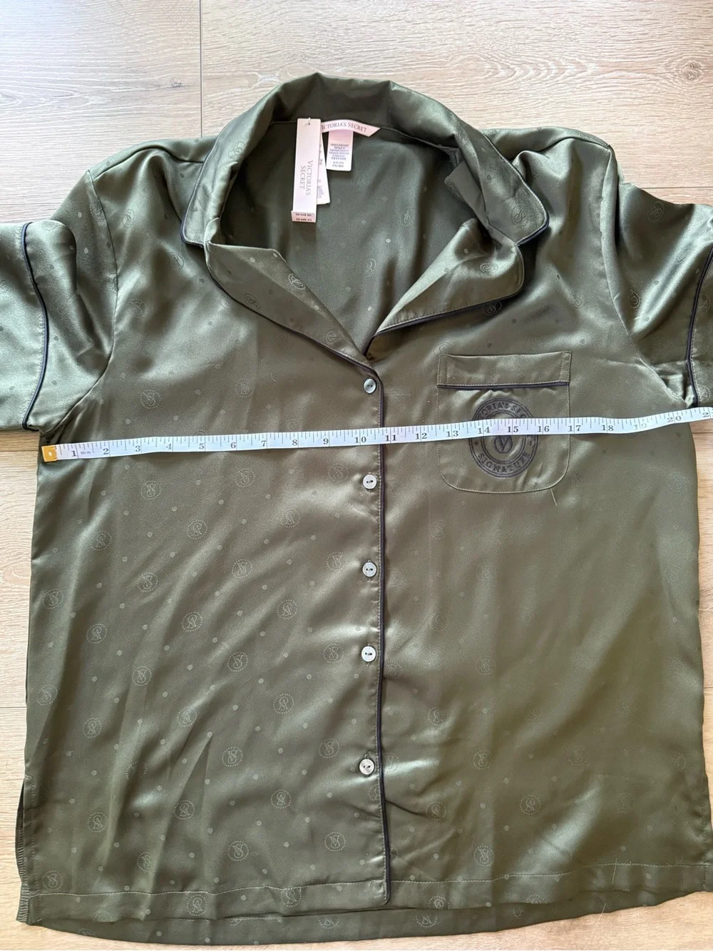 Victoria's Secret Olive Satin Pajama Set with Embroidered Pocket